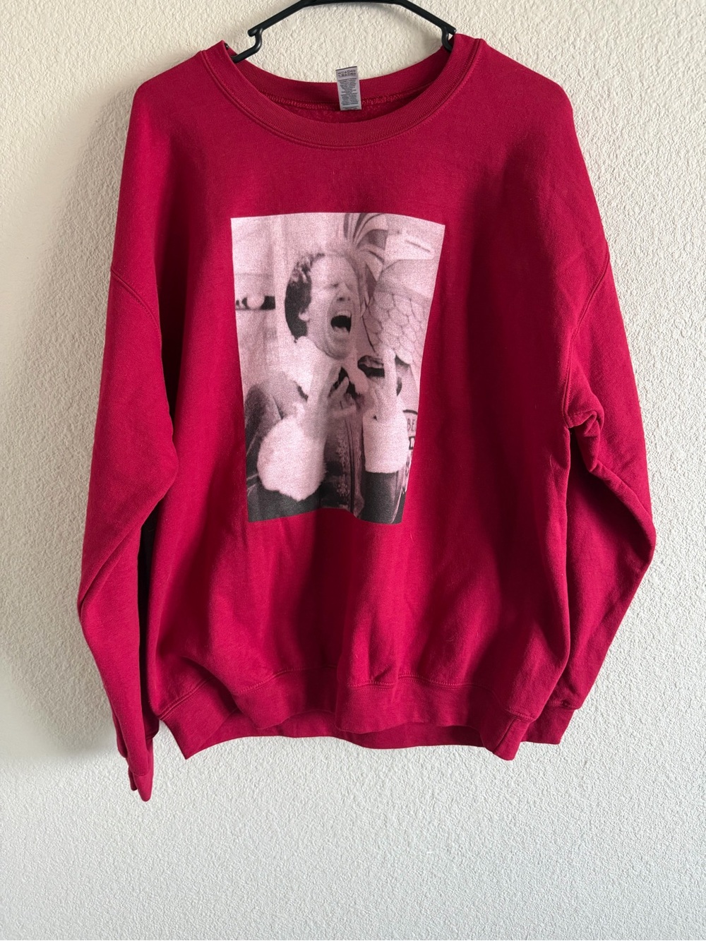 Gildan Red Crewneck Sweatshirt with Black-and-White Photo Graphic